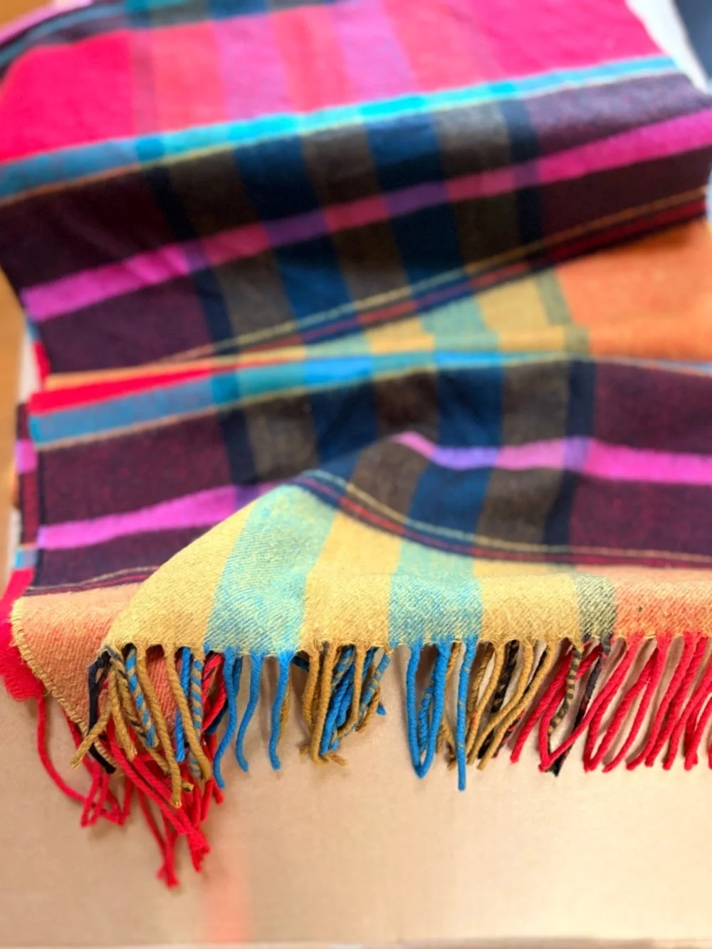Bright Plaid Fringe Scarf Multicolor Tartan 15”x64”